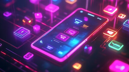 A mobile phone with a shopping app interface surrounded by glowing e-commerce icons and digital marketing symbols