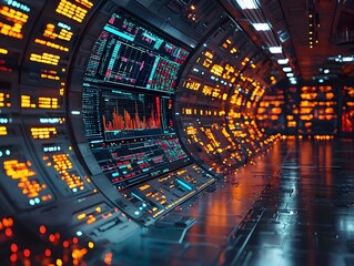 Futuristic Trading Floor with Holographic Charts and Advanced Technology Showcasing the Future of Finance