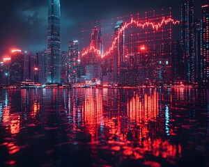 Vibrant Cityscape at Night Overlaid with Market Graph Symbolizing Financial Pulse