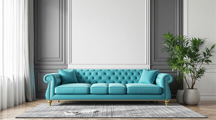 A mock-up of luxurious blue furniture and decor in a living room with an empty white wall serves as background 