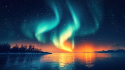 Obraz premium Vibrant aurora borealis over frozen lake at sunset.