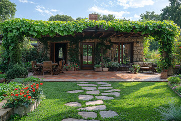 Obraz premium Stone Patio House With Lush Green Vine Covered Pergola
