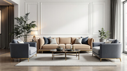 A mock-up of luxurious white and beige furniture and decor in a living room with an empty white wall serves as background 