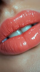 Fototapeta premium Glossy Lips Close-Up After Permanent Makeup in Trendy Nude Shade