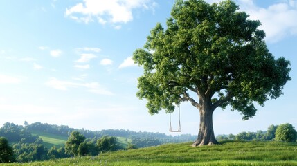 A serene landscape featuring a large tree with a swing.