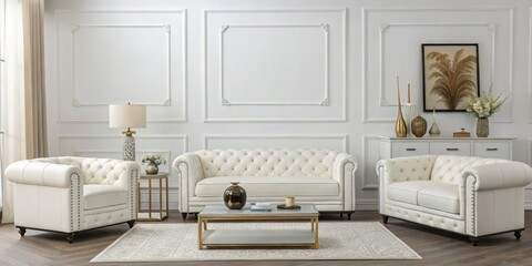 A mock-up of luxurious white and beige furniture and decor in a living room with an empty white wall serves as background 