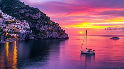 Amalfi Coast Sunset Sailboat: Serene sunset over the Amalfi Coast, a sailboat peacefully anchored in the vibrant, colorful waters. The picturesque coastal town clings to the cliffs.