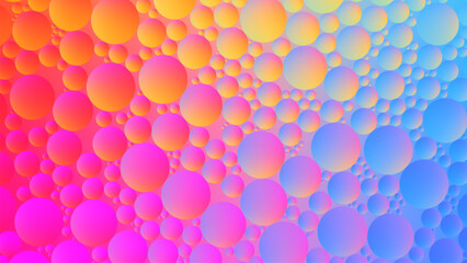 Colorful abstract macro view of transparent oil droplets circle pattern on pink blue gradient background. Close-up vibrant artistic oil bubbles of various sizes on water surface. Vector illustration