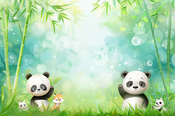 Fototapeta premium Cute pandas waving with animal friends in bamboo forest, cheerful and vibrant