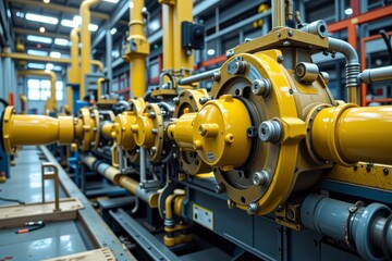 Industrial Machinery Close up Yellow Pumps and Pipes in a Factory Setting