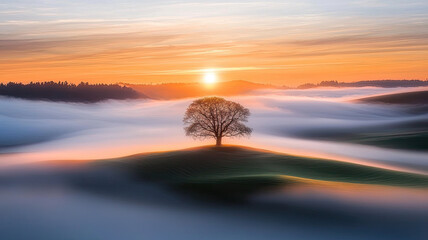 Obraz premium lone tree on hill surrounded by morning fog under vibrant sunrise