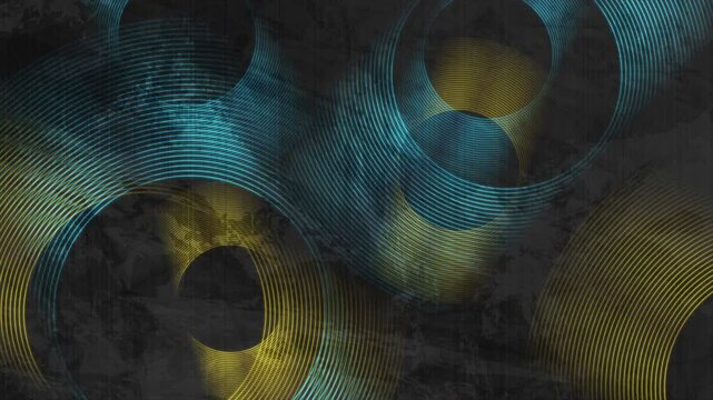 Geometric retro grunge abstract background with blue and golden linear circles. Seamless looping minimal concept motion design. Video animation Ultra HD 4K 3840x2160