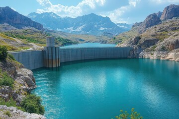 impressive dam and reservoir capturing the grandeur of engineering and nature harmoniously set against a breathtaking landscape of mountains and clear blue skies