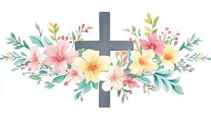 Fototapeta premium A festive Easter logo showcasing a cross surrounded by pastel flowers on a white background.