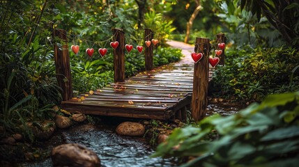 Obraz premium Romantic Wooden Bridge in Lush Garden