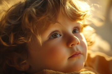 Toddler observing something with wonder, illuminated by golden light