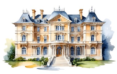 Fototapeta premium Modern Architectural House Design Rendered in Watercolor Style Isolated on White Background