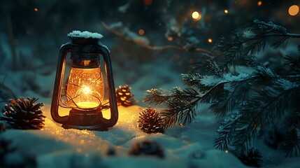 A glowing lantern placed on snow-covered ground, surrounded by pine branches and cones