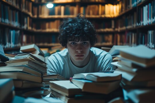 Student facing overwhelming pressure in a library surrounded by stacks of books during exam preparation at night