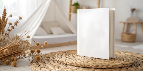 Blank white children&rsquo;s book mockup placed on a woven rug, surrounded by dried floral decor in a softly lit, minimalist nursery. Ideal for book cover designs and branding presentations.
