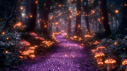 Enchanting magical forest path glowing with purple sparkles, fireflies, and mushrooms.