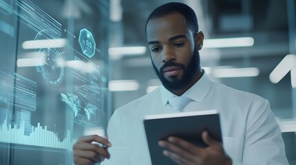 Businessman Analyzing Data on Interactive Screen and Tablet