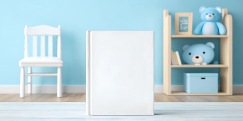  Mockup of a children's book with a blank white cover placed on a light blue wooden table in a pastel nursery. A white chair and a shelf with blue teddy bears and books create a soft, child-friendly s