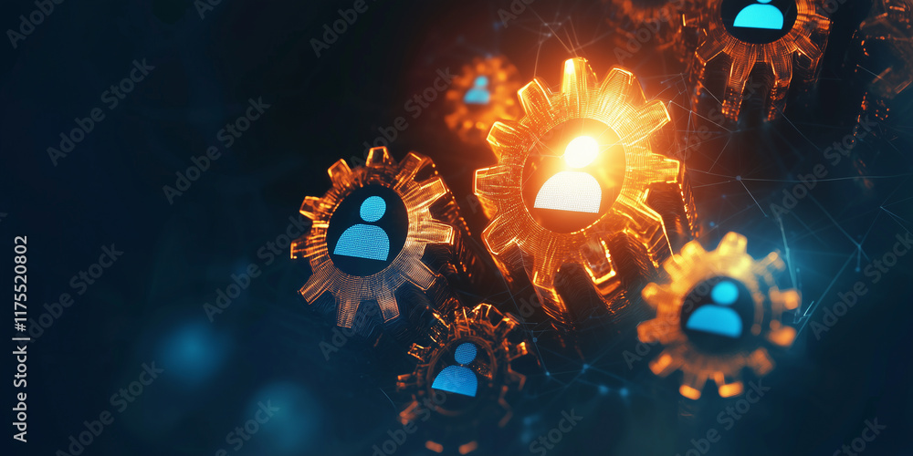 Poster illuminated gears with human icons symbolize collaboration, teamwork, and innovation in a futuristic