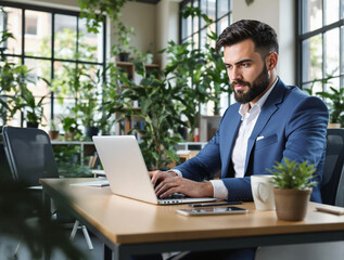 A Focused Professional Efficiently Working on a Laptop Within a Modern and Stylish Workspace
