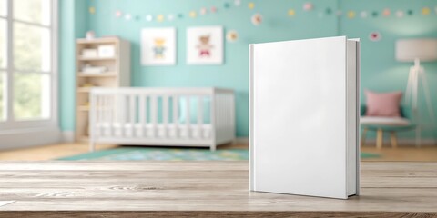 Mockup of a children's book with a blank white cover placed on a wooden table in a pastel nursery. A white crib, turquoise walls, and playful decor create a cozy and calm setting.