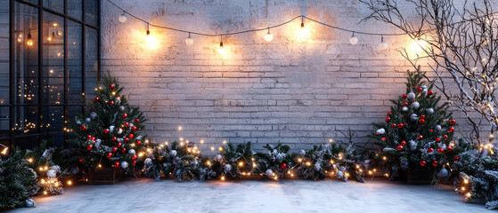 Cozy winter patio, backyard decorated with festive string lights, Christmas tree. Snow-covered furniture and warm candlelight. Magical, inviting holiday atmosphere. Mockup, copy space. Generative ai.