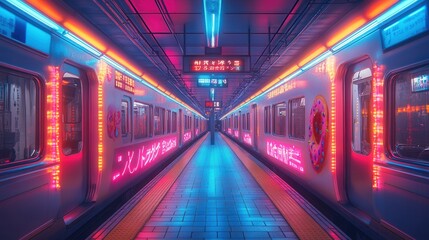 Neon Rainbow Donut and Futuristic Subway, vibrant colors, urban pop art, dynamic city life, imaginative Tokyo scenery