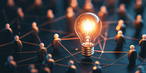 A glowing lightbulb in the center of a networked community symbolizes creativity, innovation, teamwork, and interconnectedness in a futuristic, technology-driven environment