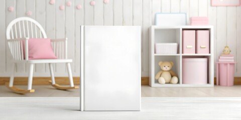 Mockup of a children's book with a blank white cover placed on a wooden table in a pink-themed nursery. White rocking chair, teddy bear, and pastel pink decorations create a soft, warm space.