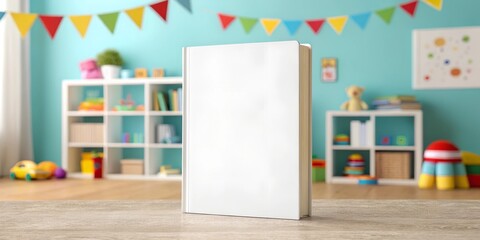 A white blank book mockup placed on a wooden surface with a playful background featuring colorful bunting flags, toy shelves, and bright decorations. Ideal for showcasing children's book designs.