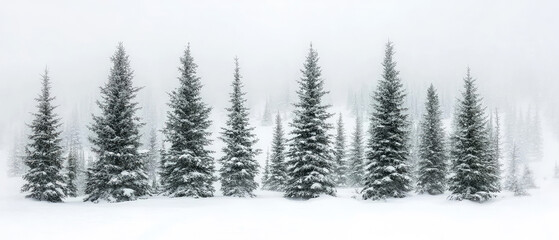 Set of snow-covered evergreen conifer trees on a white winter landscape.Picturesque nature background.Isolated elements for holiday themes, nature and seasonal exterior designs. Generative ai