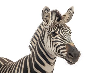 Zebra head isolated on white background showing stripes