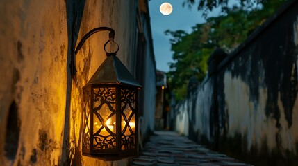 Illuminated Lantern on Moonlit Alley Wall: A Serene Night Scene