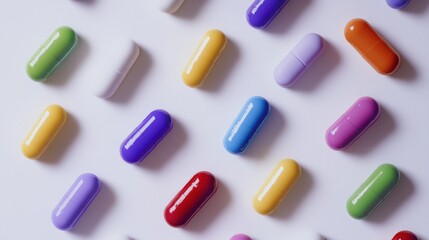 Colorful pills arranged in a pattern on a white surface.