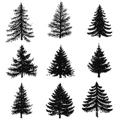 Obraz premium Set of black silhouettes of Christmas trees and pine trees with unique designs, isolated on a white. Generative ai