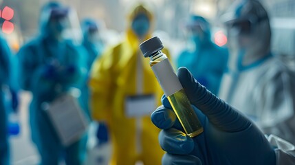 Healthcare workers in protective gear handling a sample in a clinical setting during a pandemic