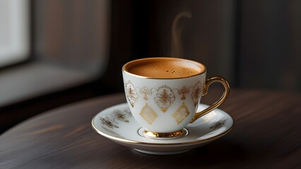Obraz premium A traditional Italian espresso served in a small porcelain cup on a saucer