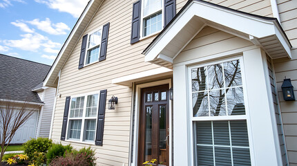 Beige House Exterior with Windows and Shutters