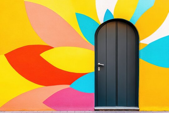Colorful door framed by vibrant graffiti artwork on an urban wall creating a lively cultural atmosphere