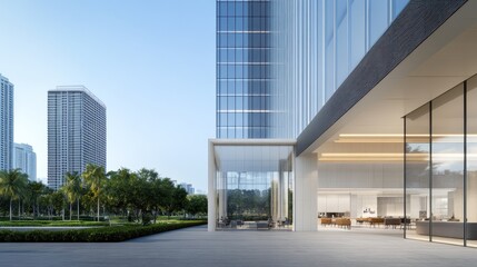 Obraz premium Modern office building with landscaped surroundings and urban skyline.