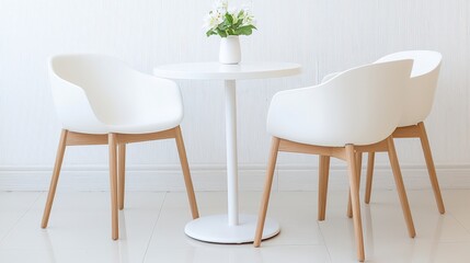 Modern Minimalist Dining Area with White Chairs and Round Table Featuring Fresh Flower Arrangement