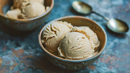 Pictachio ice cream in ceramic bowls close up on an earthen surface