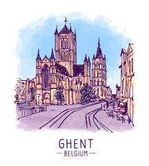 Architecture sketch illustration. An urban colorful landscape of Ghent, Belgium. Historical building line art. Freehand digital drawing. Hand drawn travel postcard of Ghent. Banner, poster. Vector