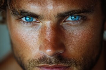 Obraz premium intimate closeup portrait capturing a man with piercing blue eyes radiating confidence and depth surrounded by a softly blurred background for emphasis