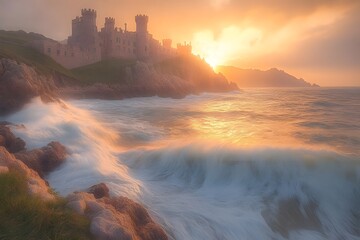 Dramatic sunset over coastal castle with crashing waves.